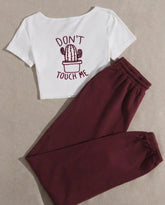 Don’t touch me 🌵 print crop tee with maroon trouser (track suit)